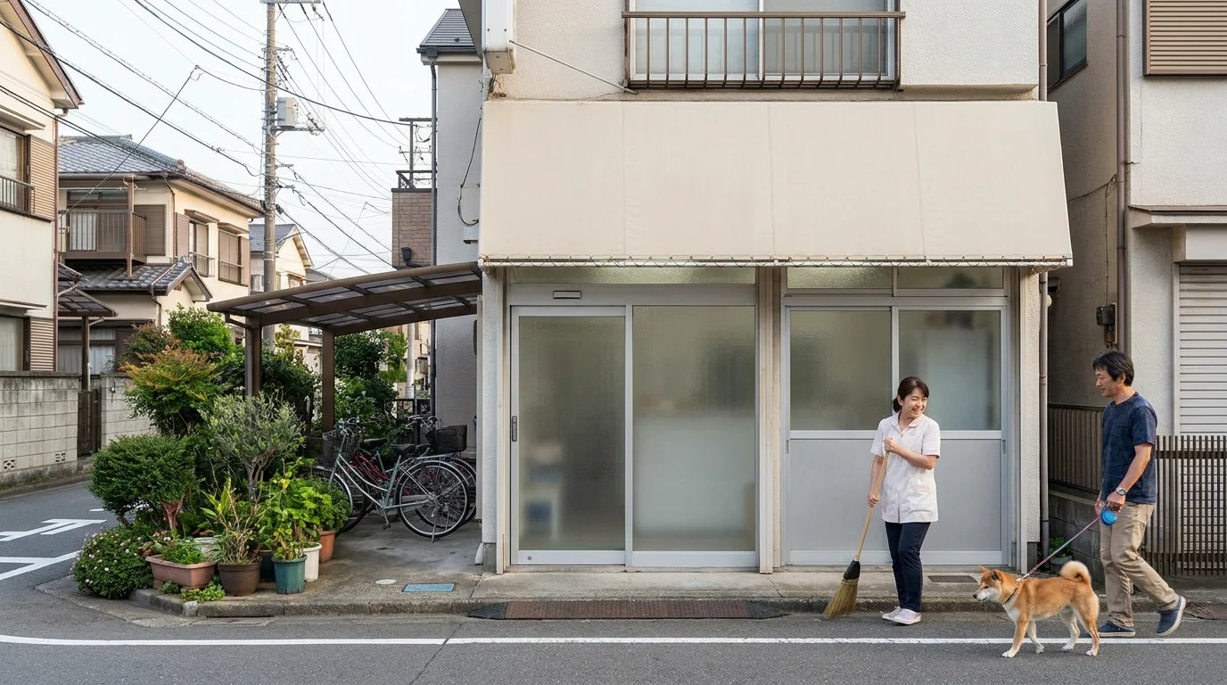 道路に面した動物病院の入口と建物外観
