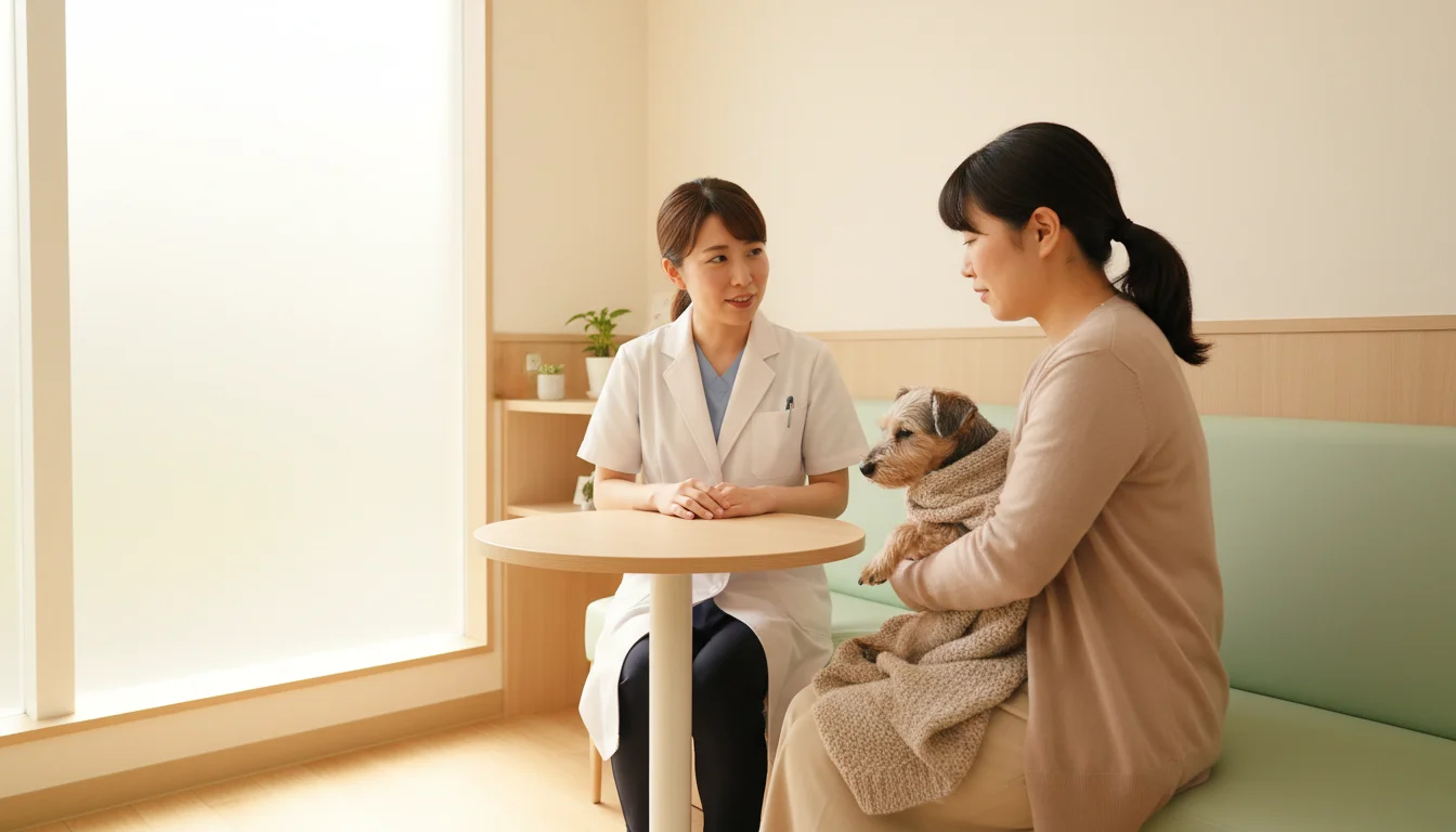 診察室でペットの暮らしについて飼い主と話す獣医師