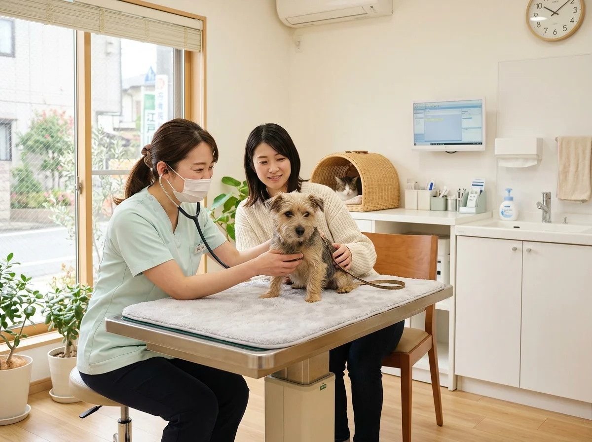 診療後に犬の健康管理について説明するスタッフの手元